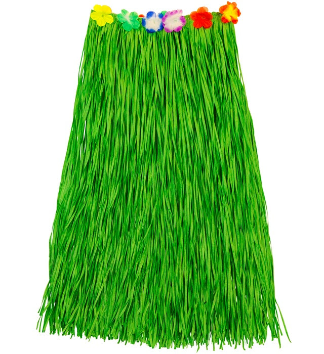 Grüner Hawaii Bastrock mit farbigem Blumengürtel, 80 cm lang