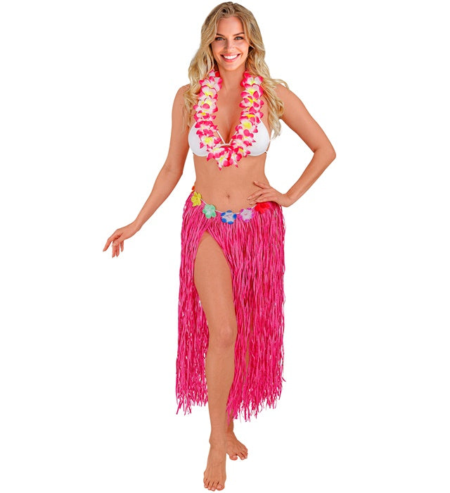 Pinker Hawaii Bastrock mit farbigem Blumengürtel, grössenverstellbar, 80 cm lang