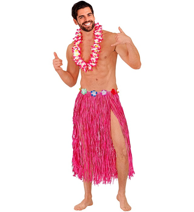 Pinker Hawaii Bastrock mit farbigem Blumengürtel, grössenverstellbar, 80 cm lang