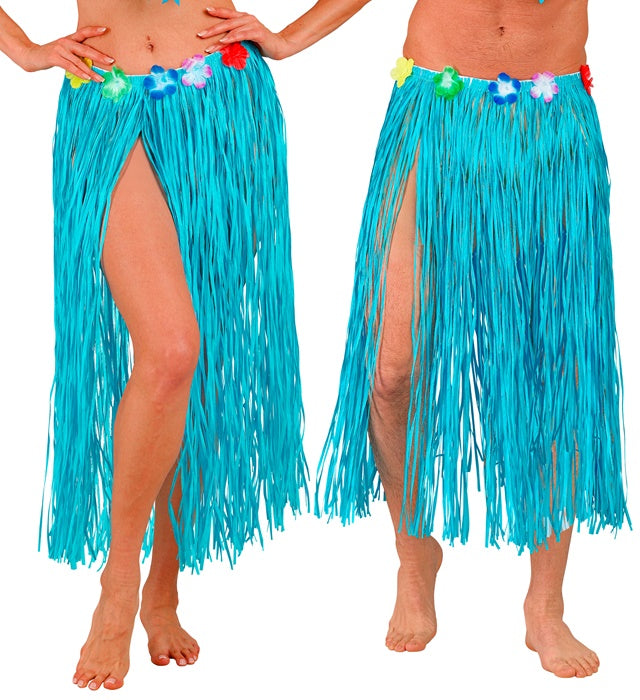 Hellblauer Hawaii Bastrock mit Blumengürtel, 80 cm Länge, größenverstellbar