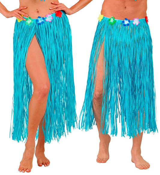 Hellblauer Hawaii Bastrock mit Blumengürtel, 80 cm Länge, größenverstellbar