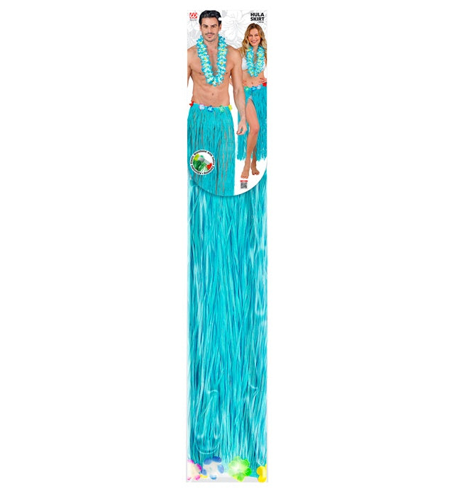 Hellblauer Hawaii Bastrock mit Blumengürtel, 80 cm Länge, größenverstellbar