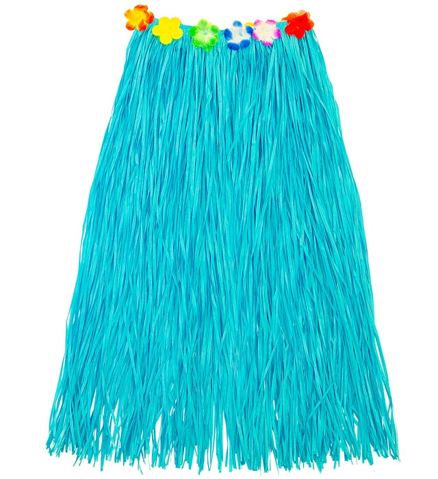 Hellblauer Hawaii Bastrock mit Blumengürtel, 80 cm Länge, größenverstellbar