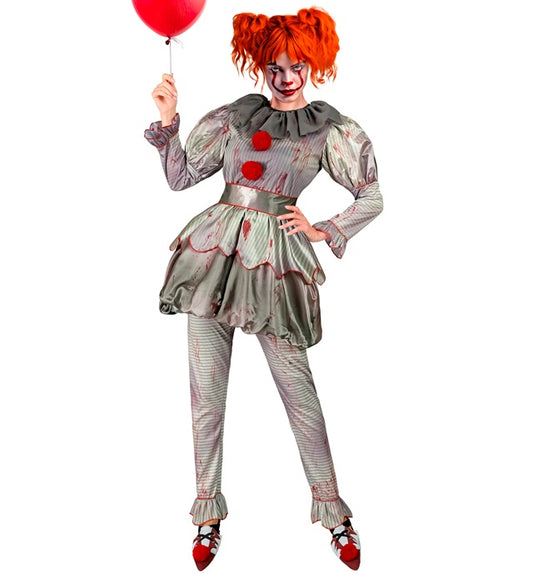 Killer Clown Kostüm mit Kleid, Leggings und Schuhüberziehern in gruseliger Optik