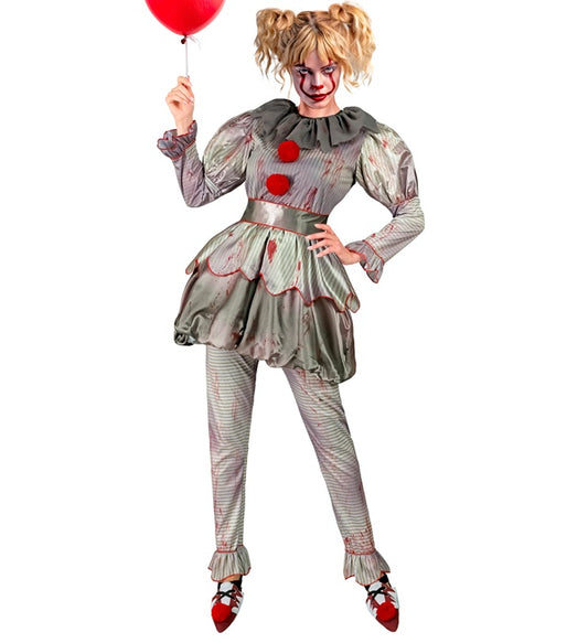 Killer Clown Kostüm mit Kleid, Leggings und Schuhüberziehern in gruseliger Optik