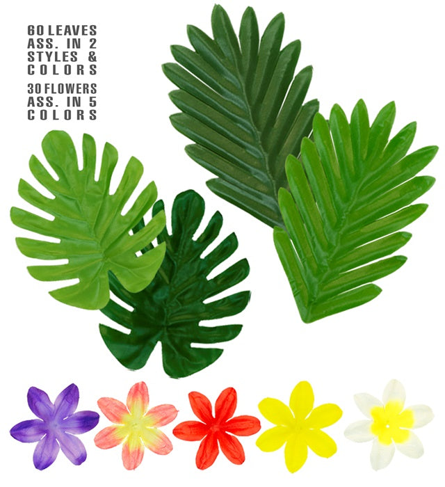 Hawaiianisches Tischdeko Set mit bunten Blättern und Blumen auf einem gedeckten Tisch