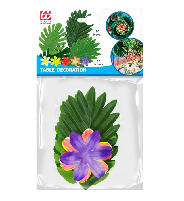 Hawaiianisches Tischdeko Set mit bunten Blättern und Blumen auf einem gedeckten Tisch