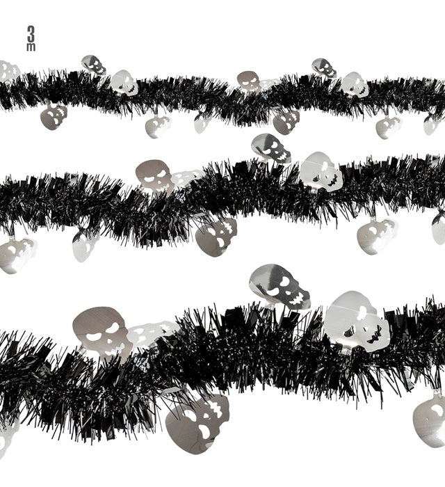 Totenkopfgirlande aus funkelndem Lametta 3 Meter lang als Halloween- und Fasnachtsdekoration