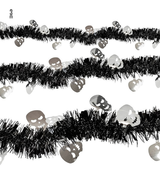 Totenkopfgirlande aus glänzendem Lametta mit Totenkopf-Motiven, 3 Meter lang