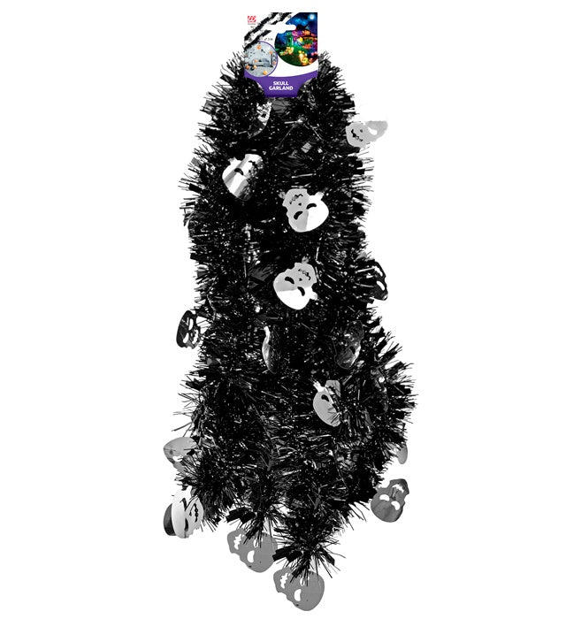 Totenkopfgirlande aus glänzendem Lametta mit Totenkopf-Motiven, 3 Meter lang
