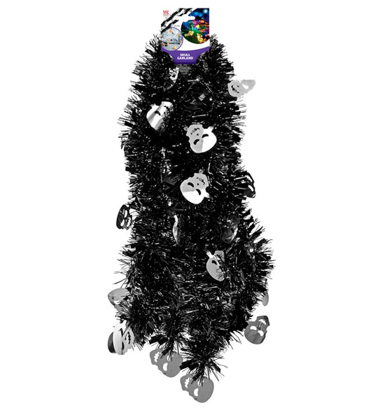Totenkopfgirlande aus glänzendem Lametta mit Totenkopf-Motiven, 3 Meter lang