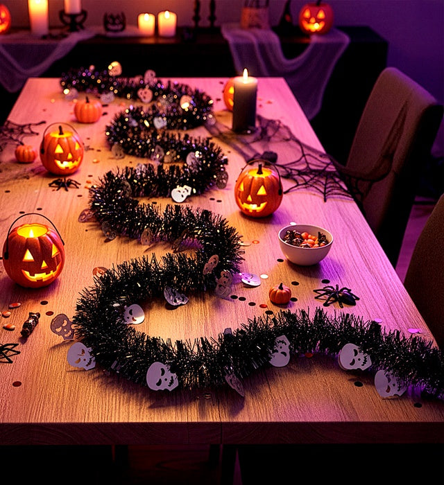 Totenkopfgirlande aus funkelndem Lametta 3 Meter lang als Halloween- und Fasnachtsdekoration