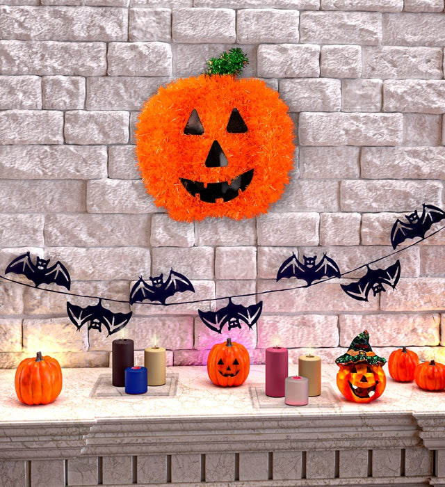 Kürbis aus silbernem Lametta, 26x28 cm, als Halloween- und Fasnachtsdeko
