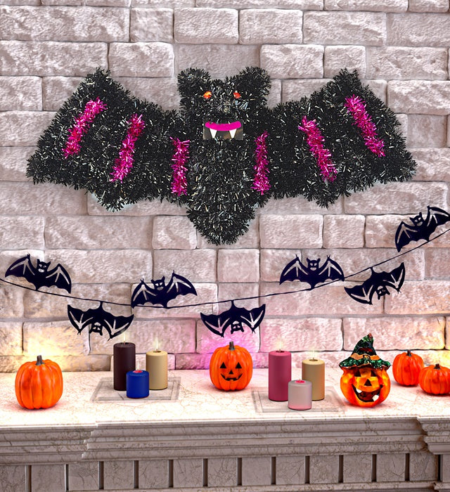 Fledermaus Dekoration aus silbernem Lametta, 46x16 cm, ideal für Fasnacht und Halloween