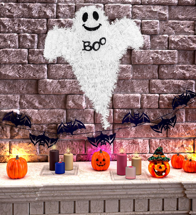Geist aus schimmerndem Lametta in 32x37 cm Größe als Halloween-Dekoration