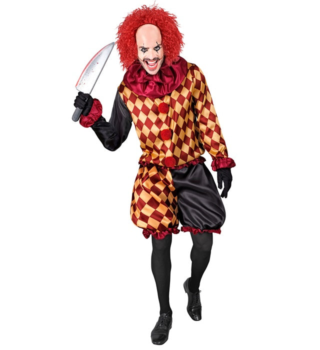 Horror-Clown Kostüm mit Oberteil, Halskrause und Hose auf weißem Hintergrund