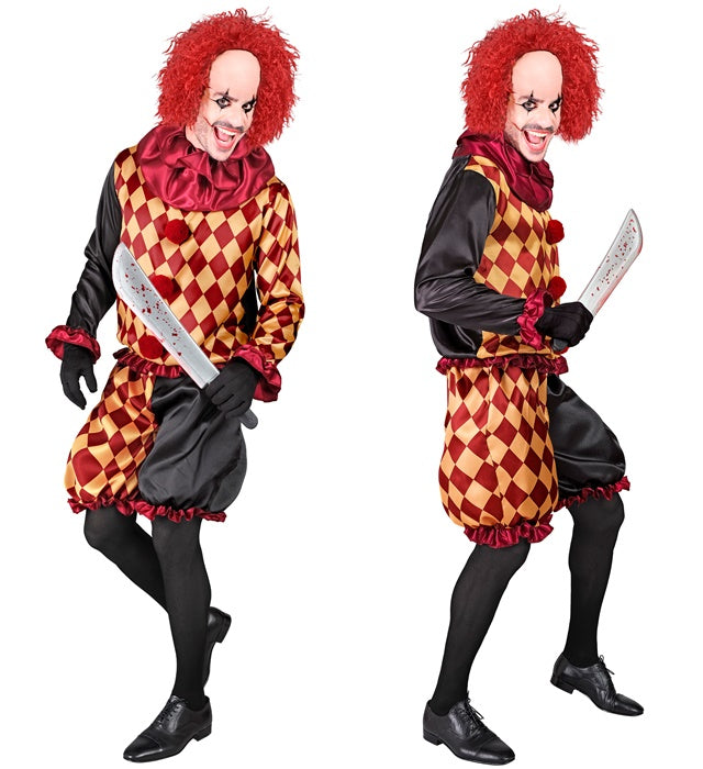 Horror-Clown Kostüm mit Oberteil, Halskrause und Hose auf weißem Hintergrund
