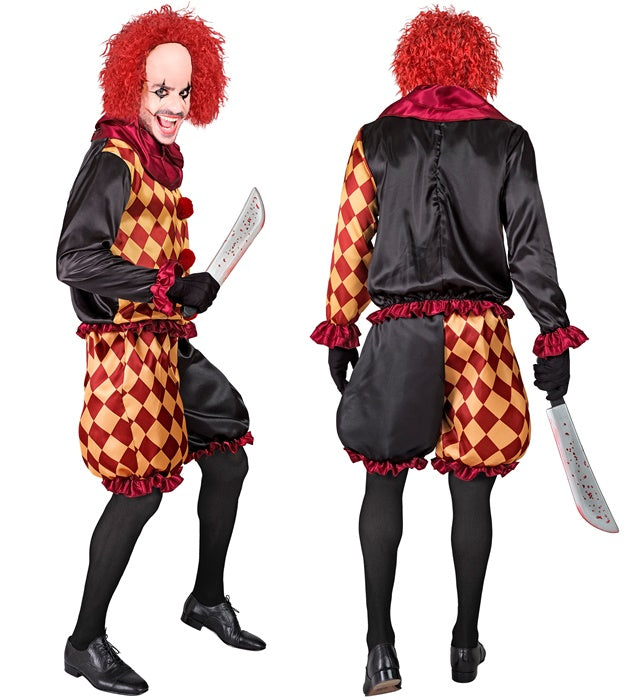 Horror-Clown Kostüm mit Oberteil, Halskrause und Hose auf weißem Hintergrund