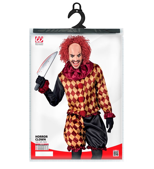 Horror-Clown Kostüm mit Oberteil, Halskrause und Hose auf weißem Hintergrund