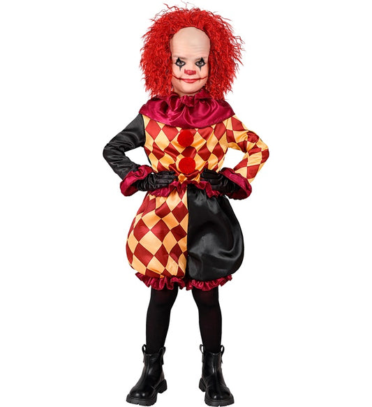 Horror-Clown Kostüm bestehend aus Oberteil, Halskrause und Hose auf weißem Hintergrund