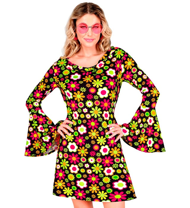 60er Jahre Kleid mit buntem Blumenmuster im Retro-Stil