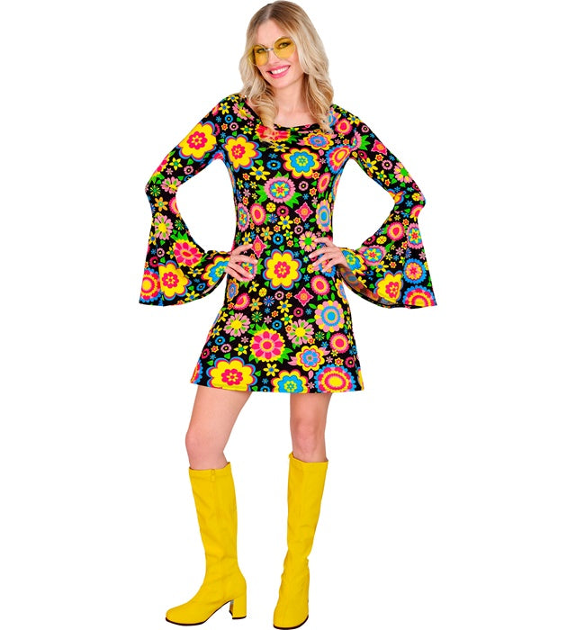 60er Jahre Kleid mit buntem Blumenmuster für Fasnacht und Karneval
