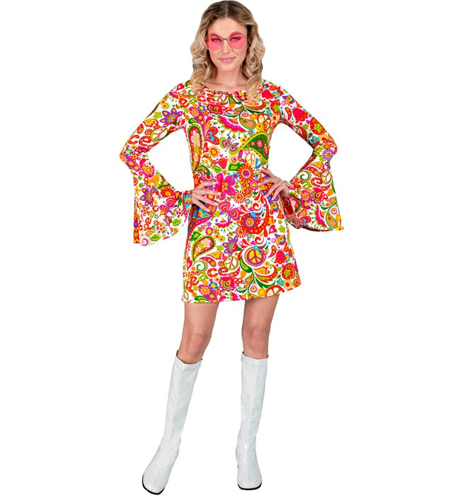 60er Jahre Kleid mit Peace und Paisley Muster in bunten Farben für Fasnacht