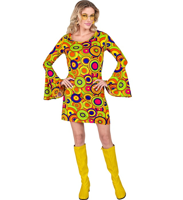 THE 70s GROOVY STYLE Kleid mit gelben Kreisen im Retro 70er Jahre Design