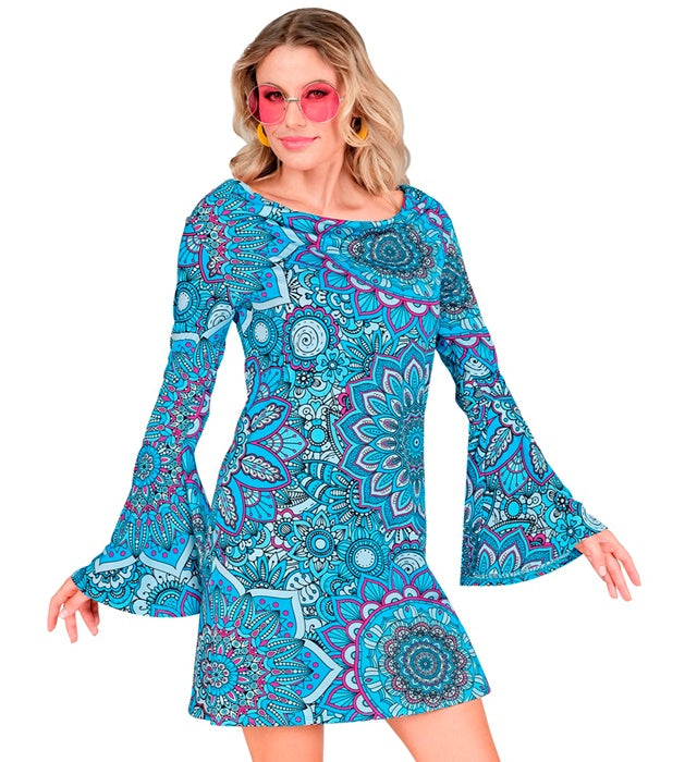 Blaues 60er Jahre Kleid mit Mandala-Muster für Fasnacht und Mottoparty