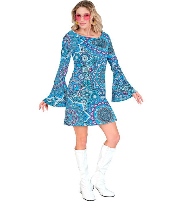 Blaues 60er Jahre Kleid mit Mandala-Muster für Fasnacht und Mottoparty