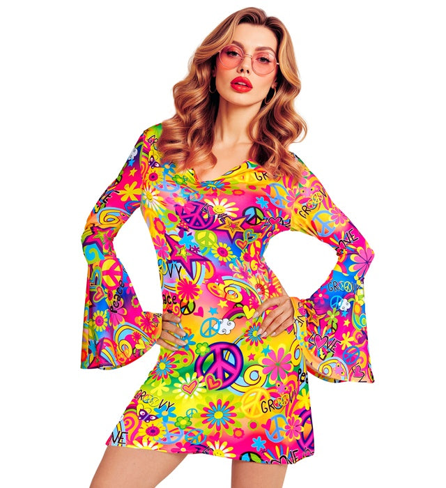 60er Jahre Peace & Love Kleid mit buntem Muster für Fasnacht und Mottoparty