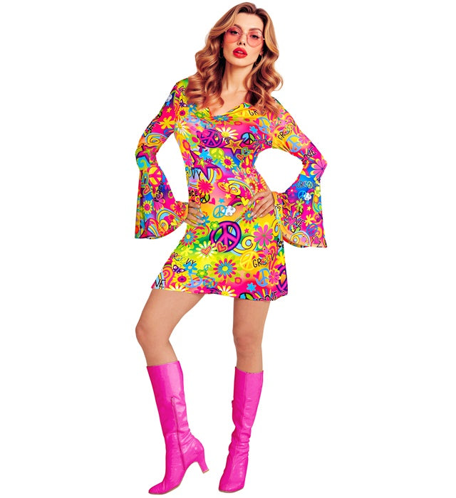 60er Jahre Peace & Love Kleid mit buntem Muster für Fasnacht und Mottoparty