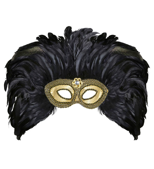 Goldene Augenmaske mit Schmuckstein und Federn für festliche Anlässe