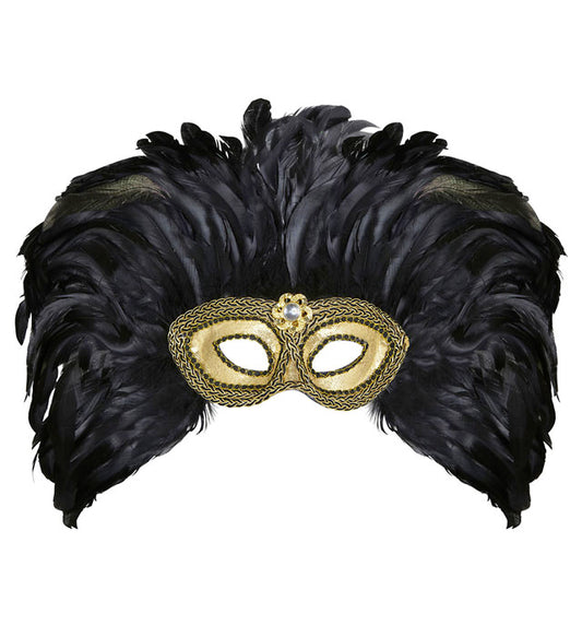 Goldene Augenmaske mit Schmuckstein und Federn für festliche Anlässe