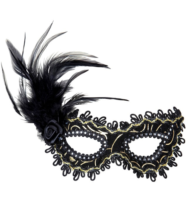 Schwarze Augenmaske mit goldenen Details, Rose und Federn für Fasnacht
