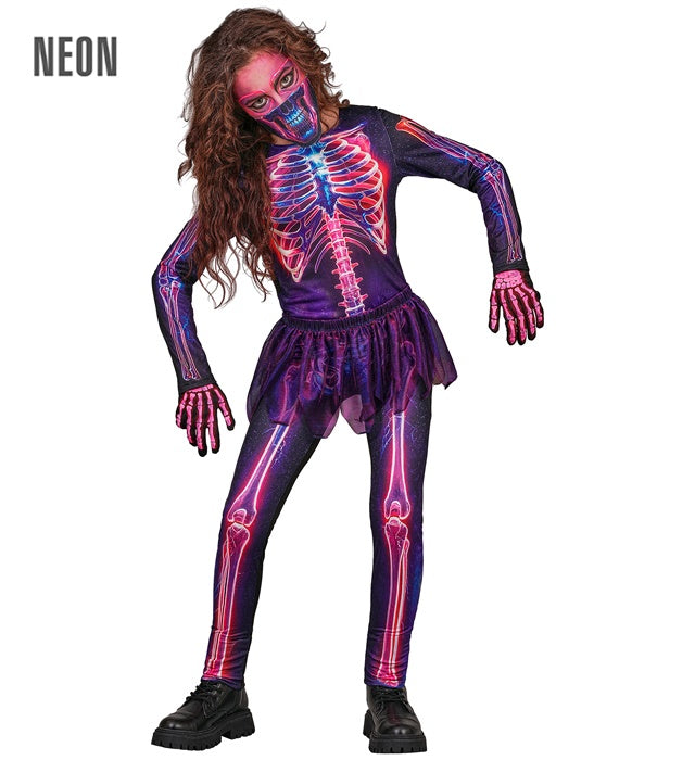 Neon Skelett Kostüm mit Overall, Tütü und Maske in leuchtenden Farben