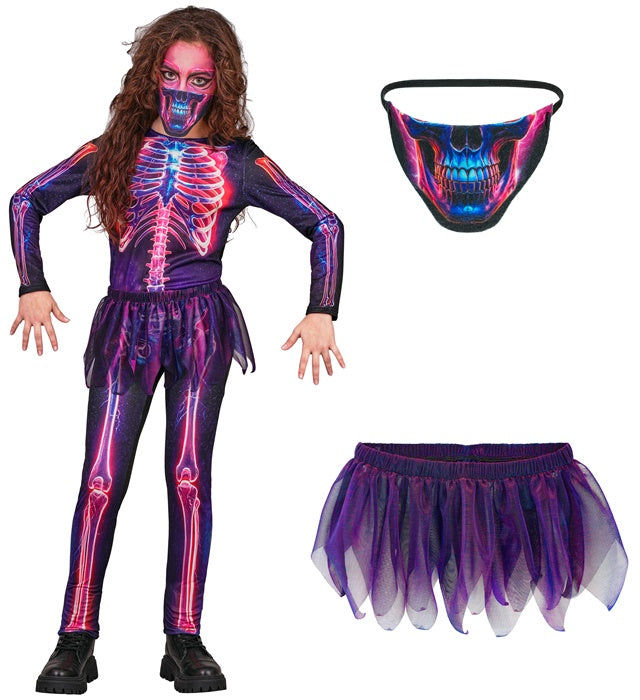 Neon Skelett Kostüm mit Overall, Tütü und Maske in leuchtenden Farben
