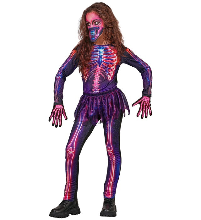 Neon Skelett Kostüm mit Overall, Tütü und Maske in leuchtenden Farben