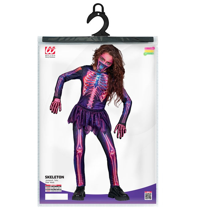 Neon Skelett Kostüm mit Overall, Tütü und Maske in leuchtenden Farben