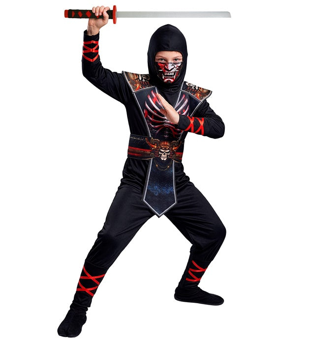 Skelett Ninja Kostüm Komplettset mit Overall, Brustrüstung, Kapuze und Maske