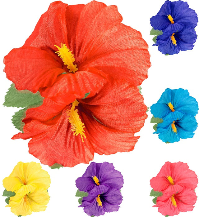 Haarspange mit zwei bunten Hibiskusblumen in verschiedenen Farben