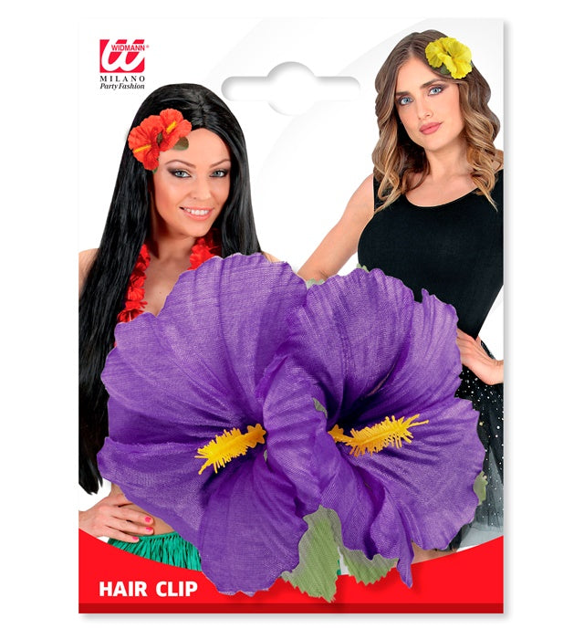 Haarspange mit zwei bunten Hibiskusblumen in verschiedenen Farben