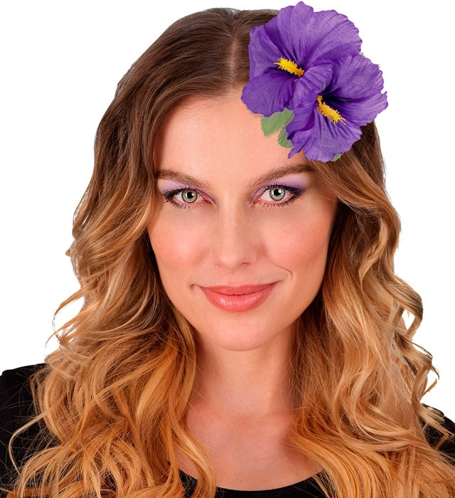 Haarspange mit zwei bunten Hibiskusblumen in verschiedenen Farben