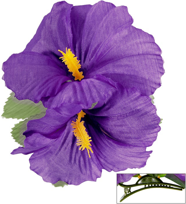 Haarspange mit zwei violetten Hibiskusblumen als festliches Haaraccessoire