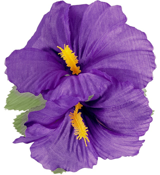 Haarspange mit zwei violetten Hibiskusblumen als festliches Haaraccessoire
