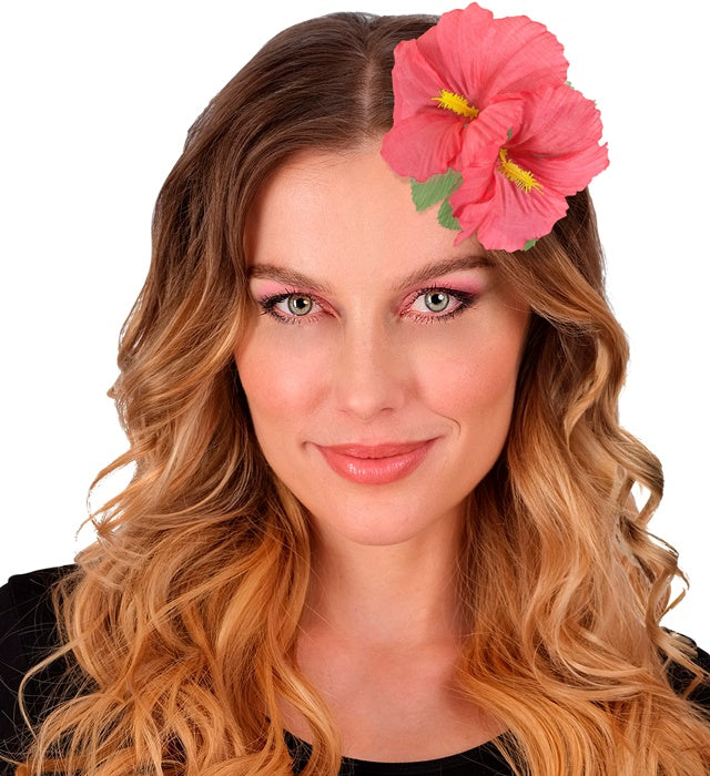 Haarspange mit zwei rosa Hibiskusblumen als festliches Haaraccessoire