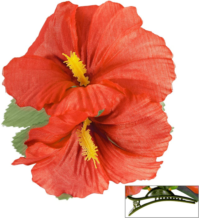 Haarklammer mit zwei roten Hibiskusblumen auf weißem Hintergrund