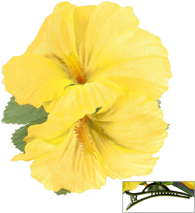 Haarspange mit zwei gelben Hibiskusblumen als tropisches Fasnacht-Accessoire