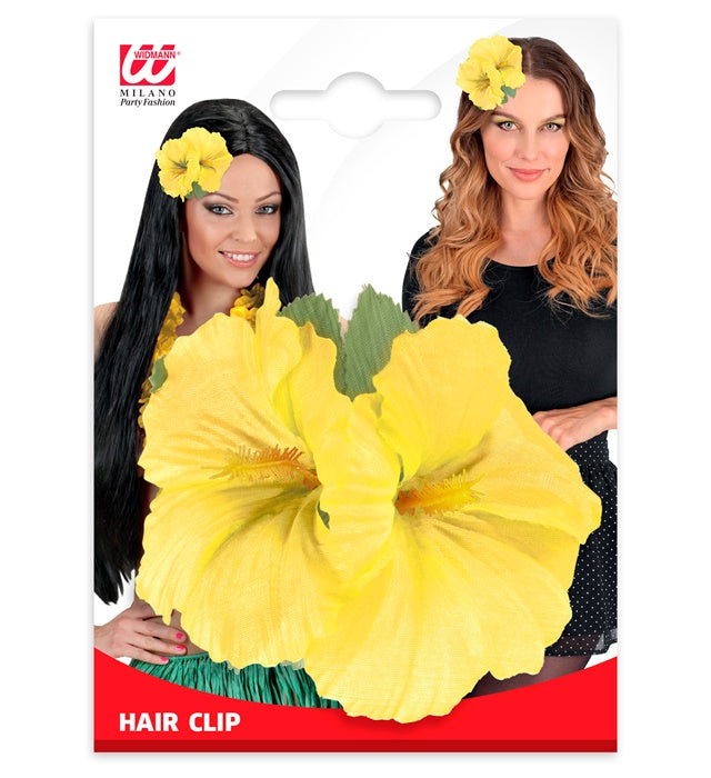 Haarspange mit zwei gelben Hibiskusblumen als tropisches Fasnacht-Accessoire