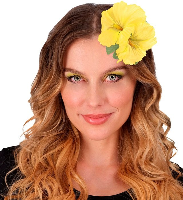 Haarspange mit zwei gelben Hibiskusblumen als tropisches Fasnacht-Accessoire